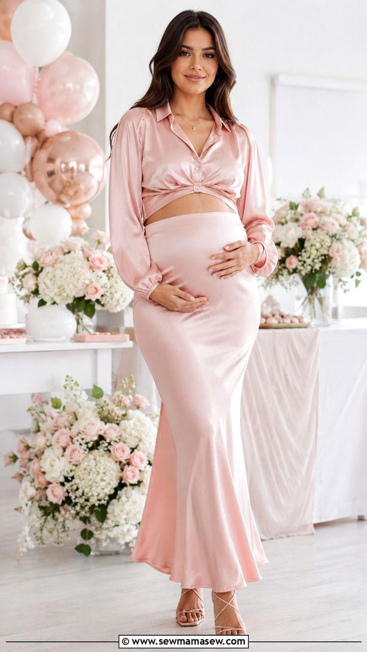 Satin maternity two piece set for baby shower - 20 Maternity outfit ideas 2026