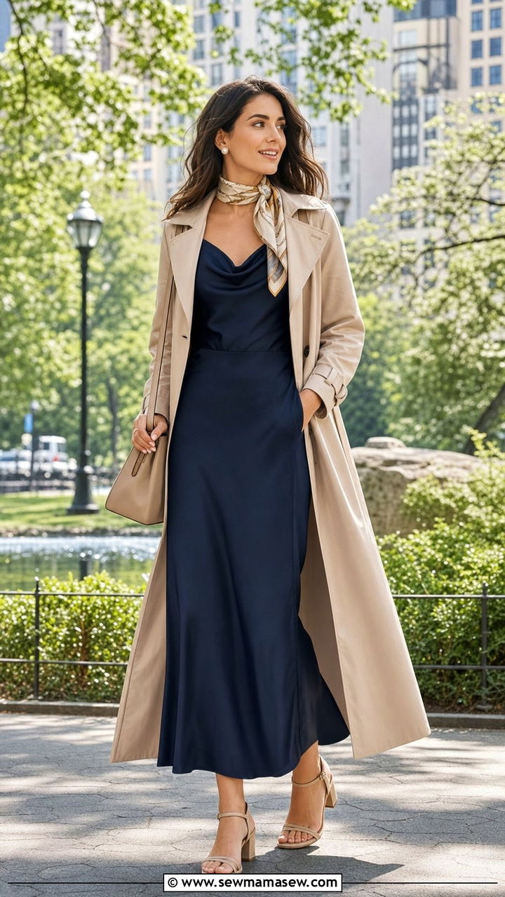 Satin maxi dress and lightweight trench outfit - 35 Business casual outfits for young professionals