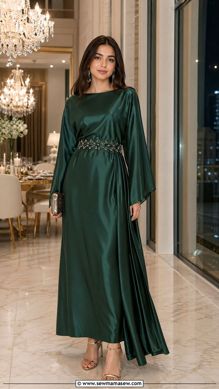 Satin maxi dress with beaded belt and metallic heels - 35 Eid outfit ideas modest