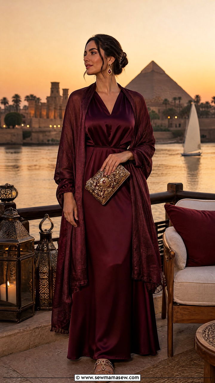 Satin maxi dress with shawl Egypt - 30 Egypt vacation outfit ideas modest