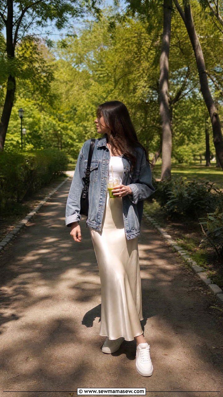 Satin maxi skirt with denim jacket and sneakers - 40 maxi skirt outfits