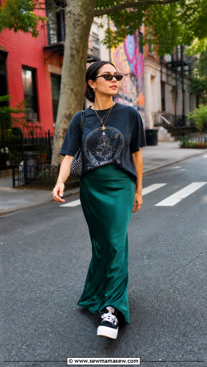 Satin maxi skirt with graphic tee and platform sneakers - 40 maxi skirt outfits