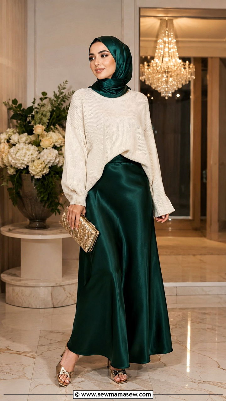 Satin maxi skirt with knit sweater and hijab - 25 outfit ideas for hijab women