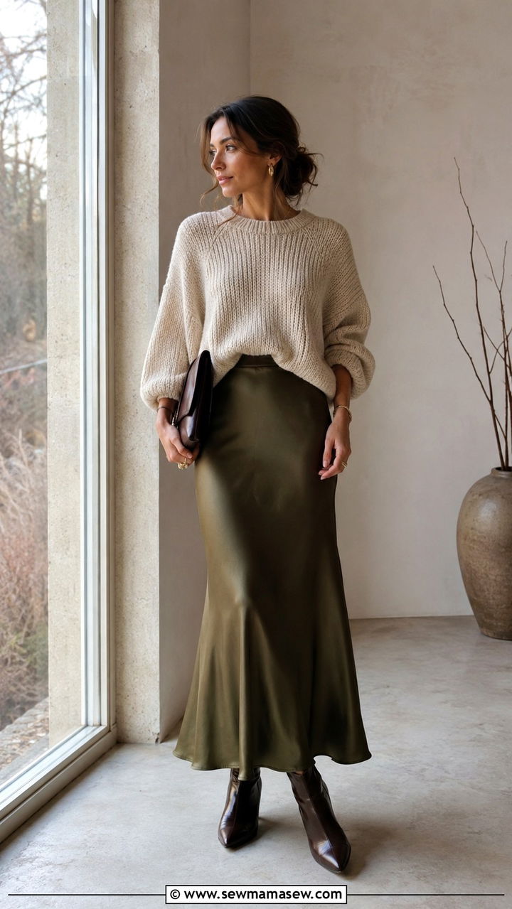 Satin maxi skirt with oversized knit sweater - 30 Pinterest outfits for women
