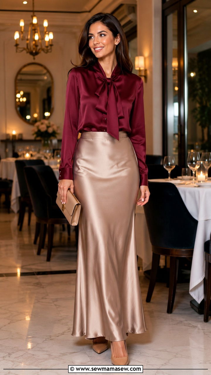 Satin maxi skirt with silk blouse and pumps - 30 How to style a maxi skirt