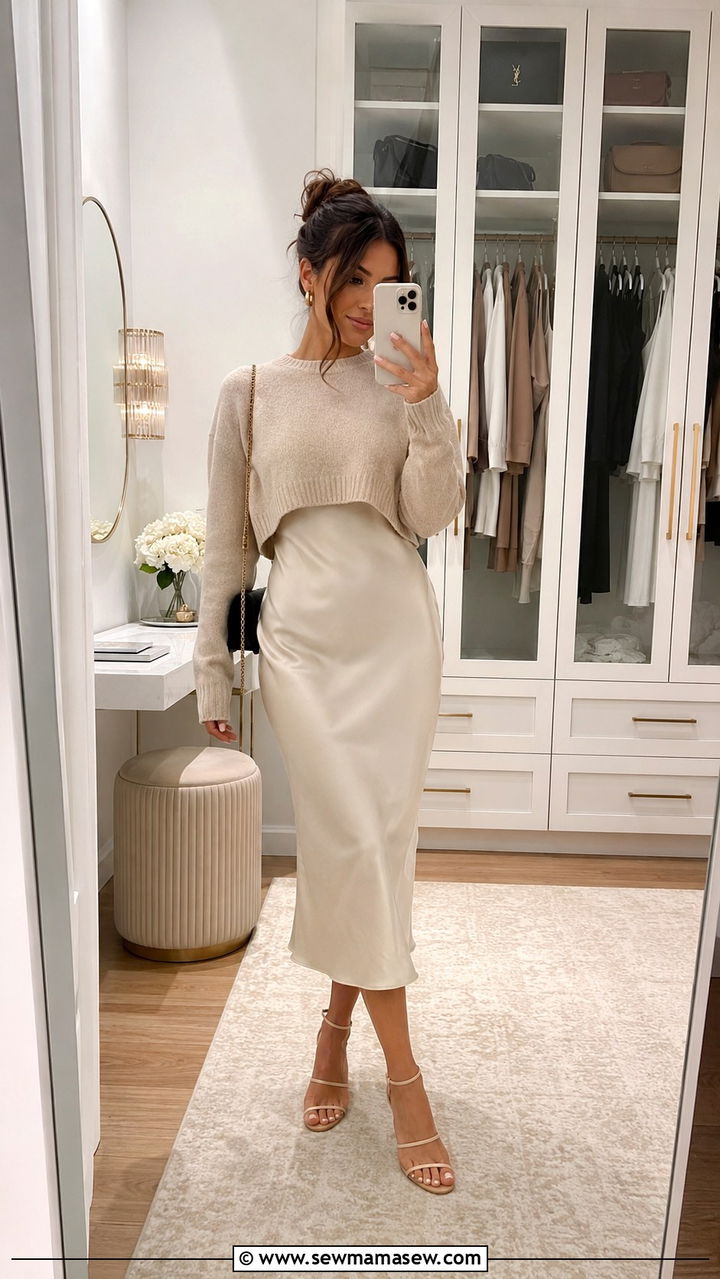 Satin midi dress with a cropped cashmere sweater - 25 Petite work outfit ideas with dress