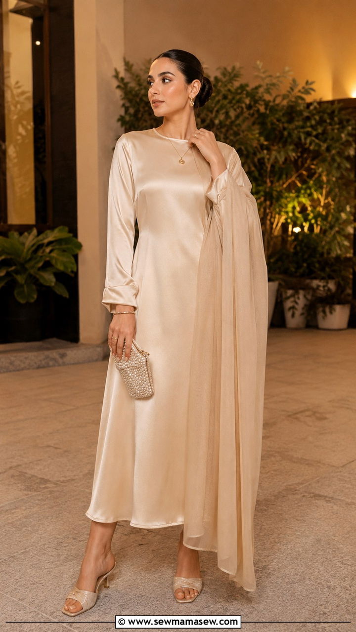 Satin midi dress with draped scarf - 30 Modest outfit ideas for Eid