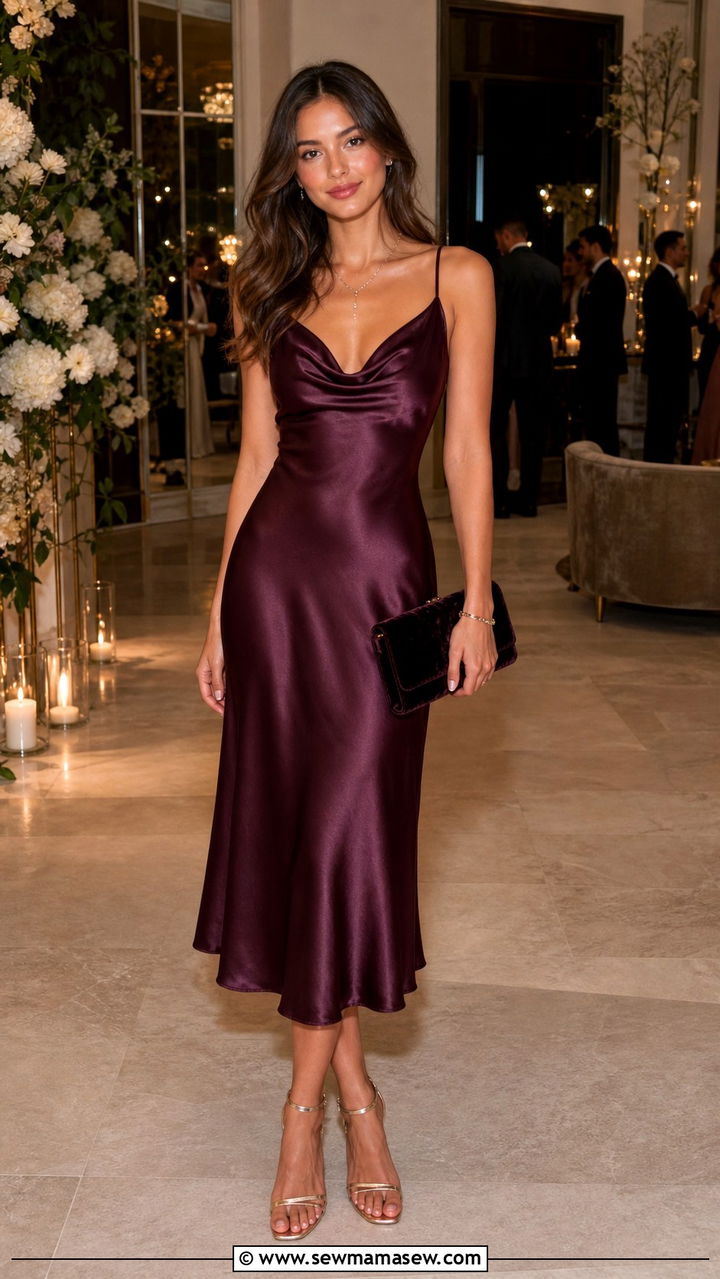 Satin midi dress with strappy heels - 20 20 year reunion outfit ideas