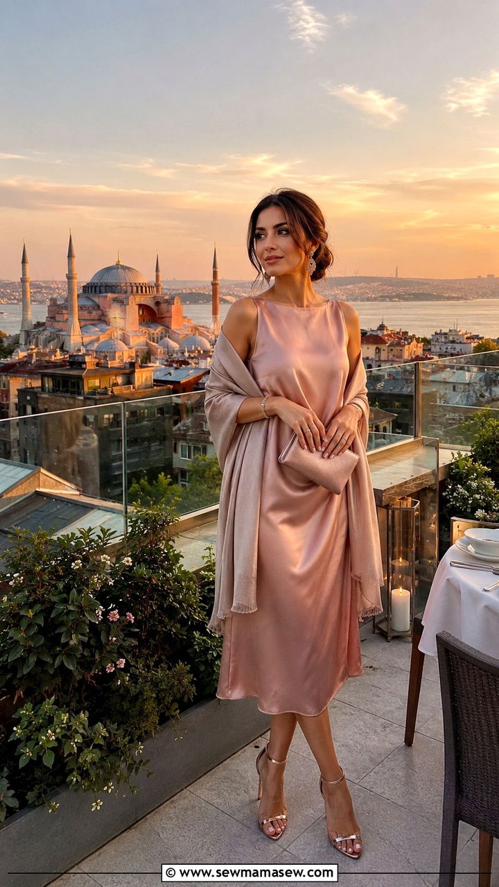 Satin midi dress with strappy sandals Istanbul rooftop dinner outfit - 30 Istanbul outfit ideas