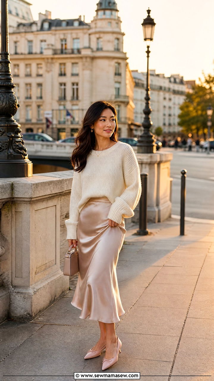 Satin midi skirt and ballet flats outfit - 25 Petite outfit ideas with ballet flats