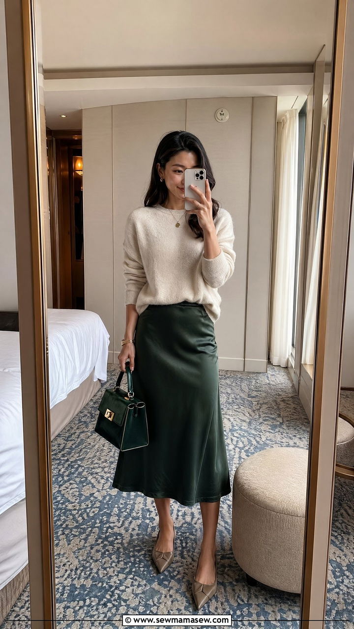 Satin midi skirt and cashmere sweater outfit - 35 Conference outfit ideas for women