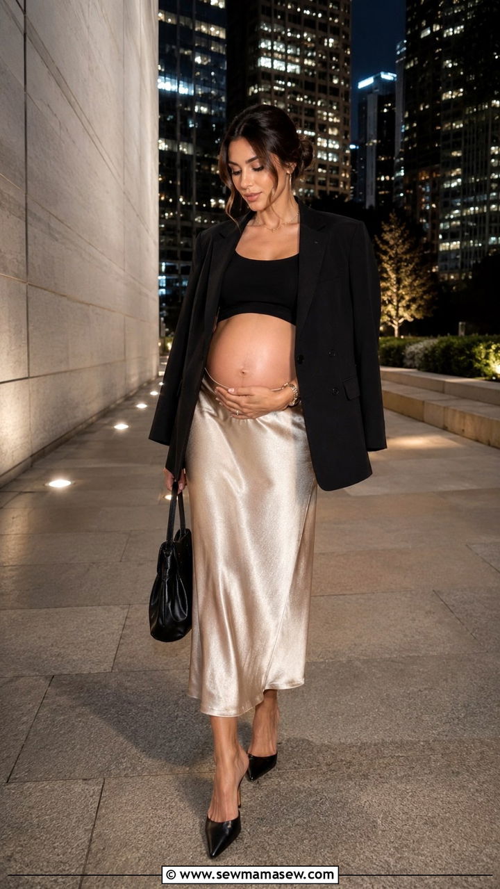 Satin midi skirt maternity outfit with cropped top - 20 Maternity outfit ideas 2026