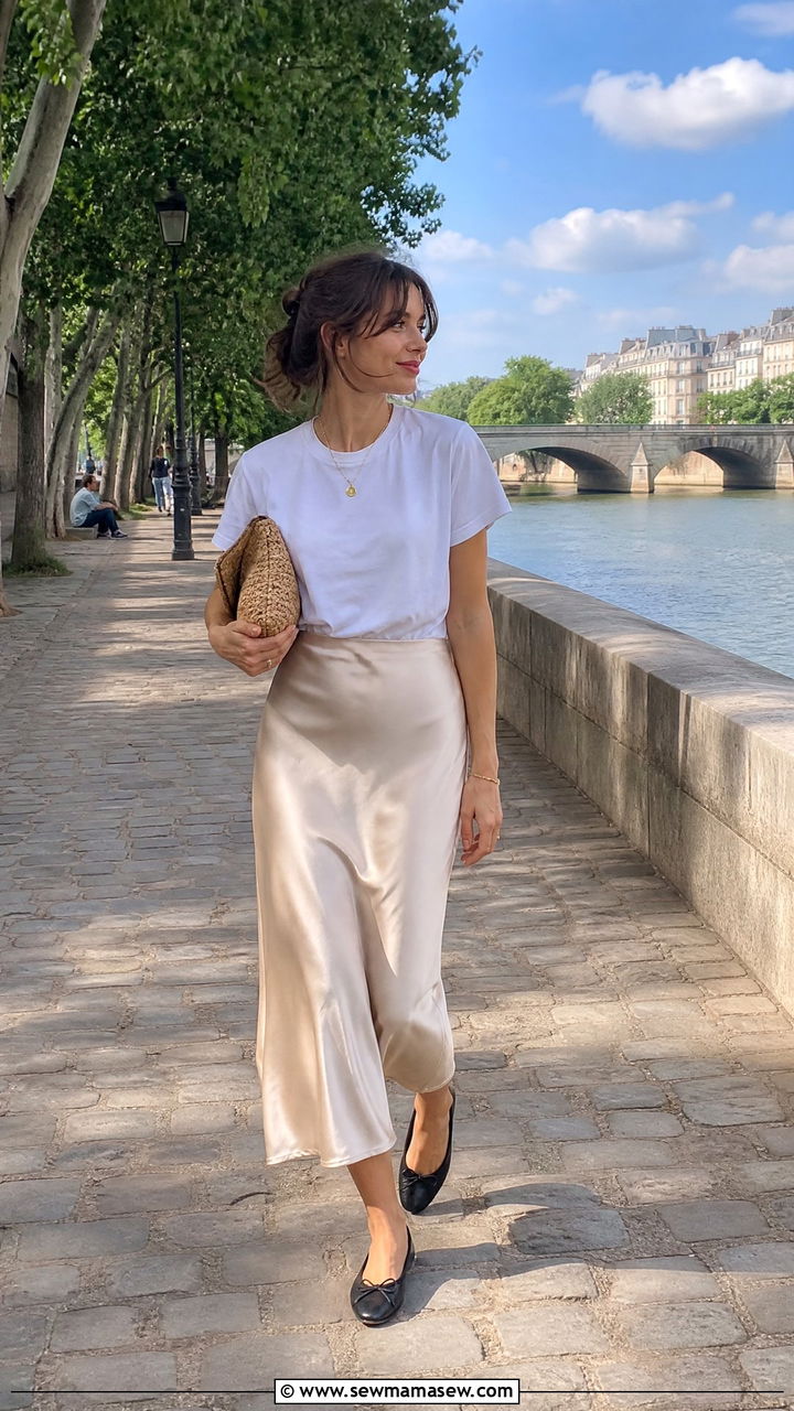 Satin midi skirt white t shirt ballet flats - 30 French girl outfit ideas for brunch