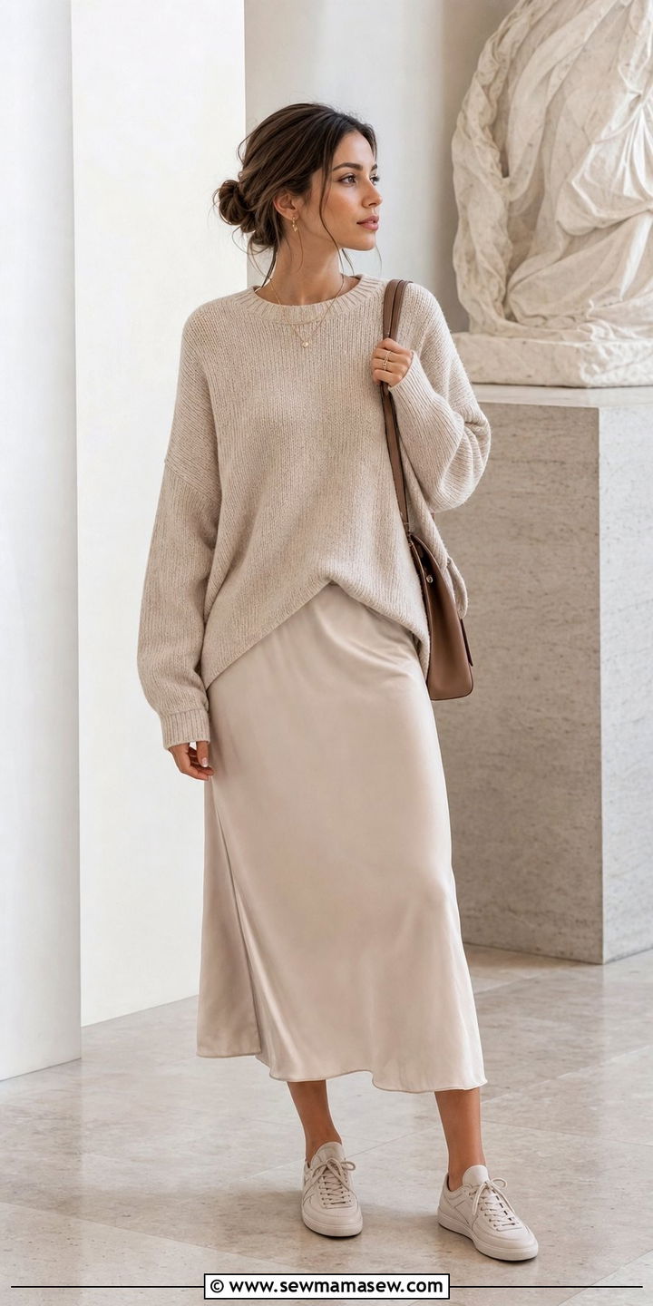 Satin midi skirt with a chunky knit and ballet sneakers - 25 sneaker outfits aesthetic