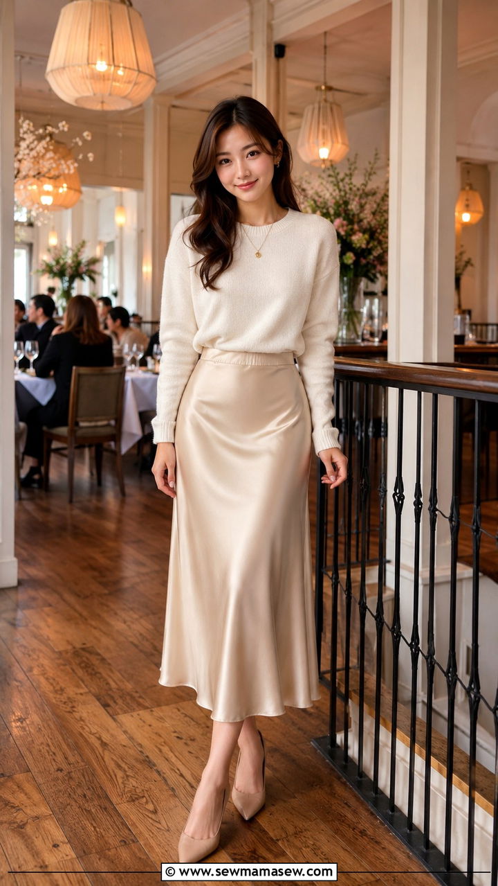 Satin midi skirt with a fine knit sweater and pointed toe kitten heels - 25 Petite outfit ideas for moms