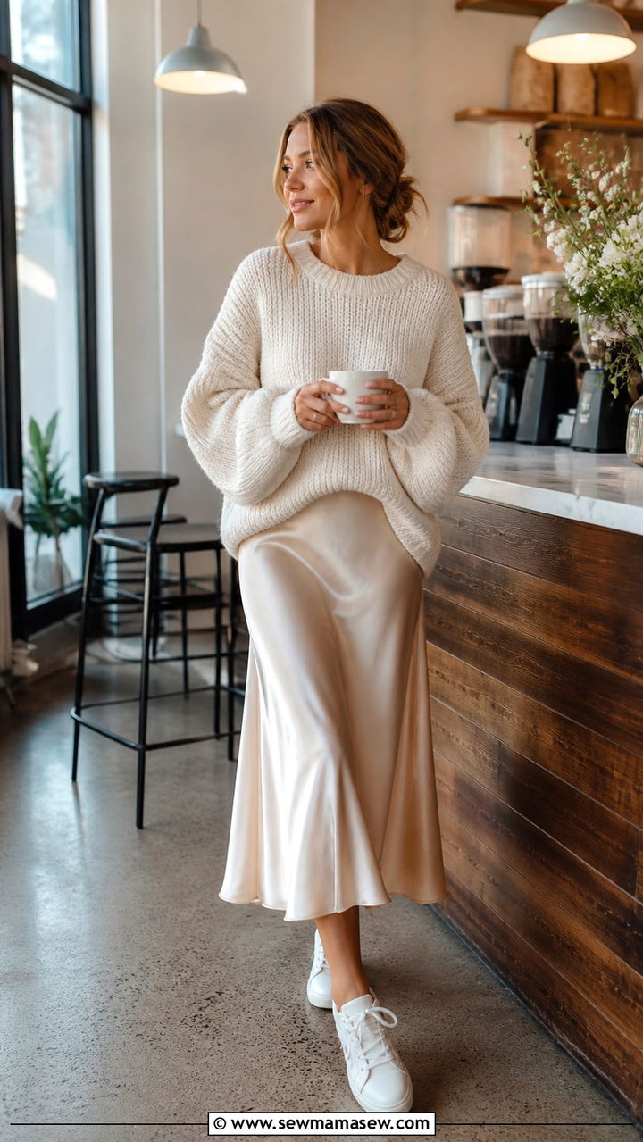 Satin midi skirt with an oversized knit and sneakers - 40 What to wear in spring