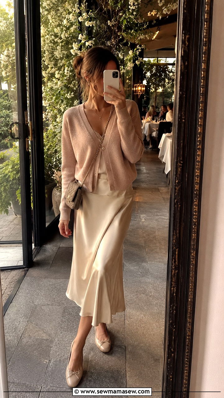 Satin midi skirt with cardigan - 30 Satin midi skirt outfit ideas for dinner