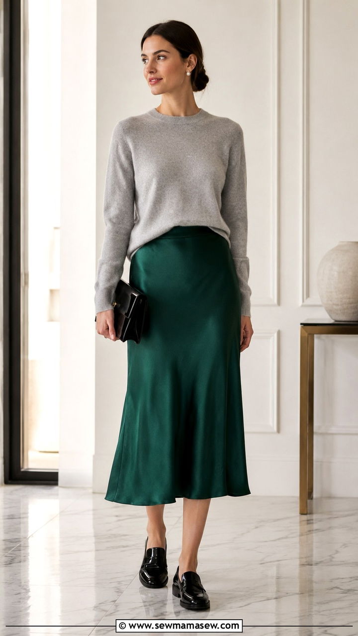 Satin midi skirt with cashmere sweater and patent loafers - 30 Loafers outfit ideas with a skirt