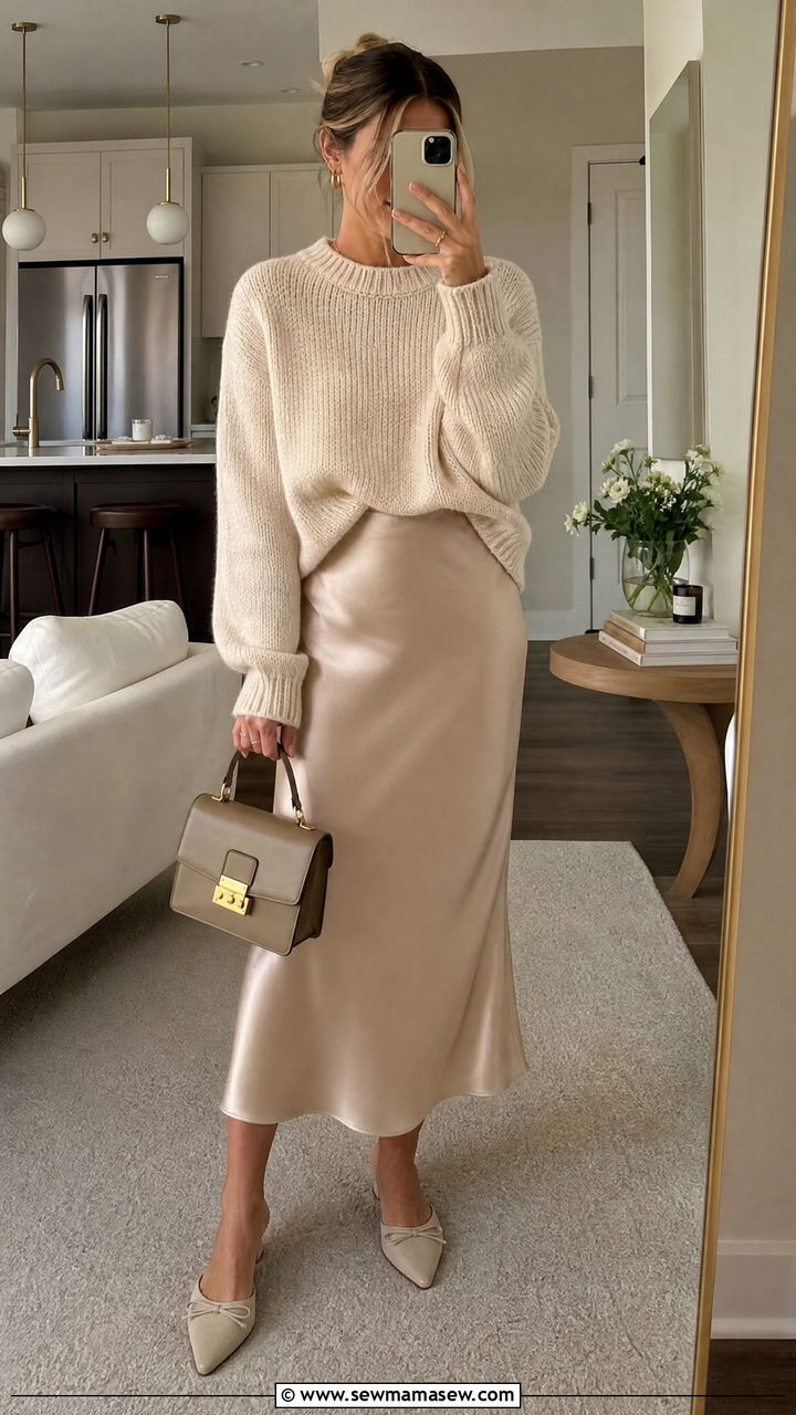 Satin midi skirt with chunky knit sweater - 30 Cool evening outfit ideas