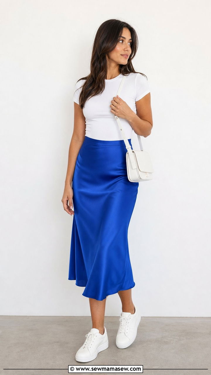 Satin midi skirt with fitted bodysuit - 25 summer midi skirt outfit ideas