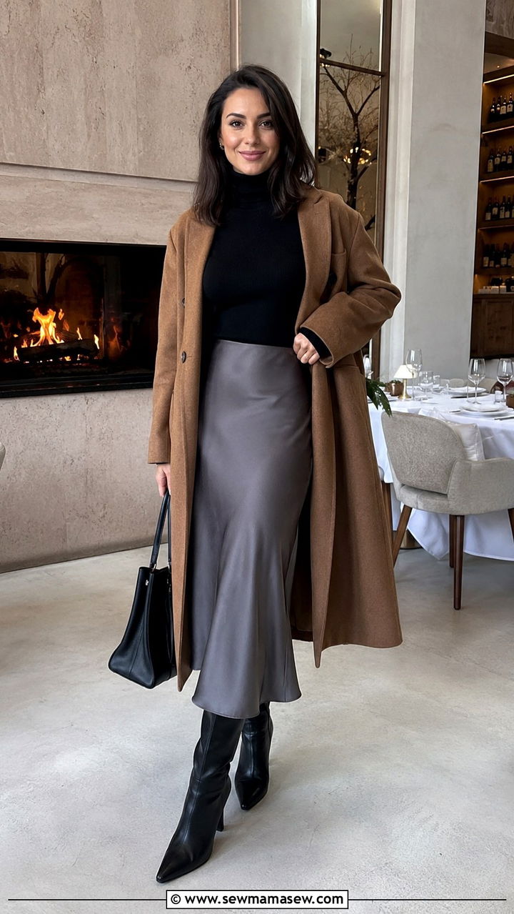 Satin midi skirt with fitted turtleneck and knee boots - 30 Satin midi skirt outfit ideas for dinner