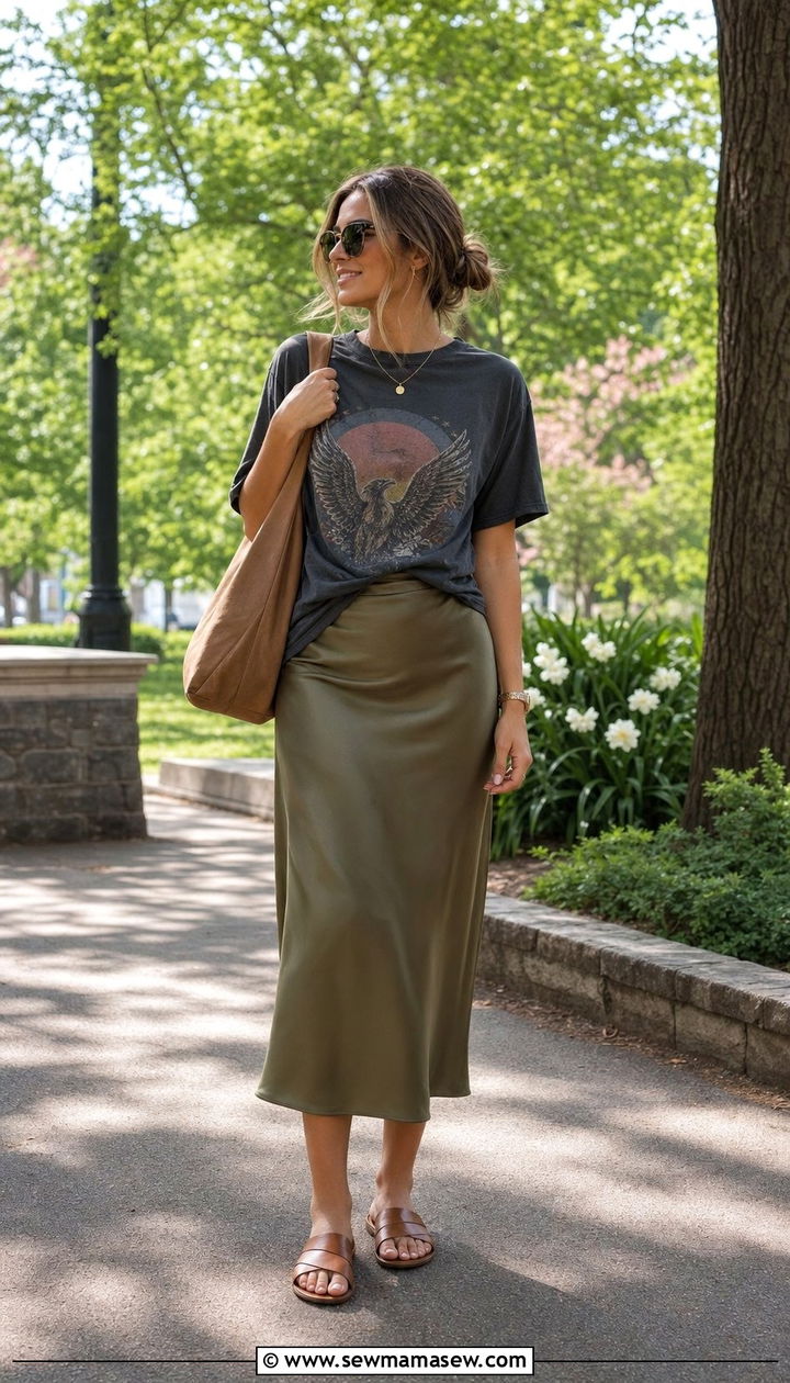 Satin midi skirt with graphic tee - 25 Spring satin outfits