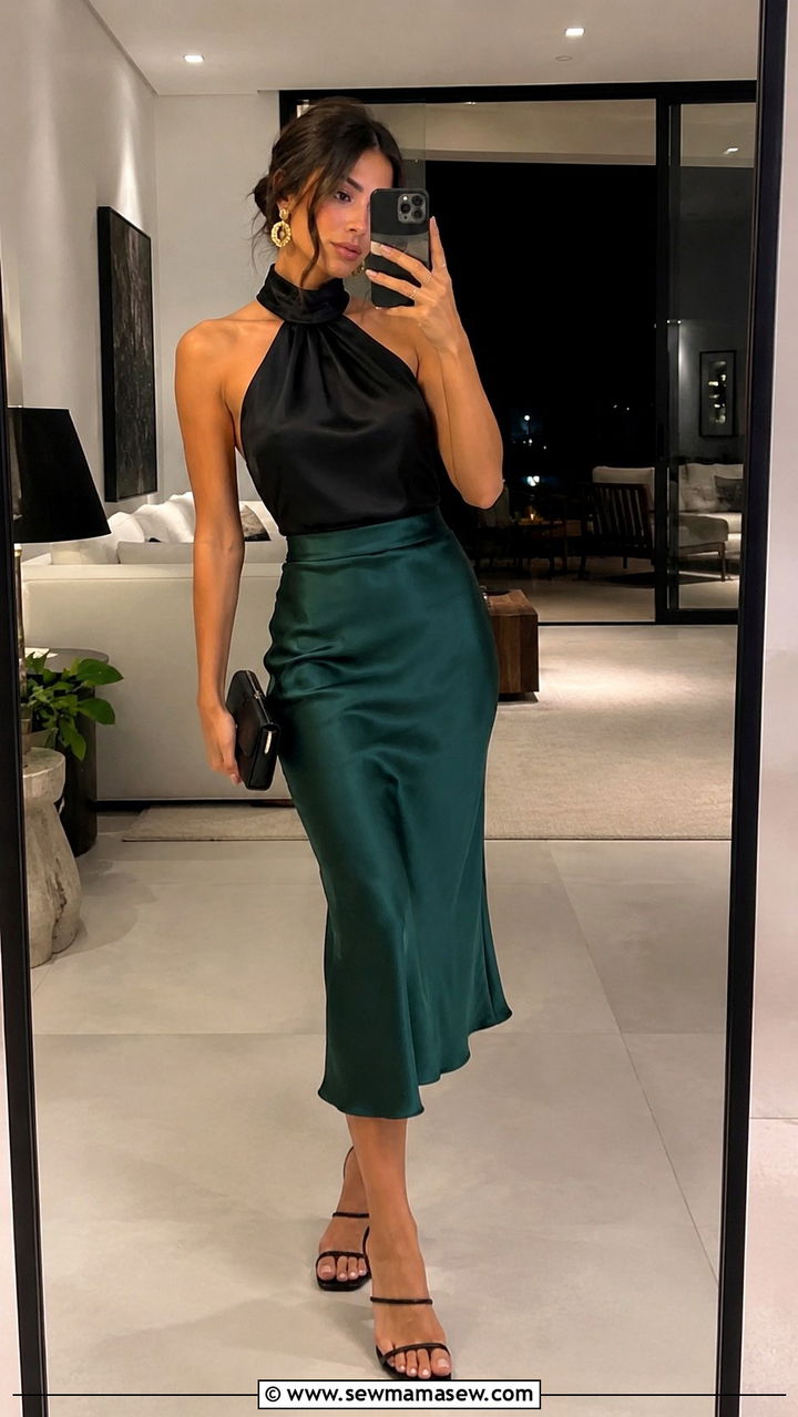 Satin midi skirt with halter neck top - 30 Satin midi skirt outfit ideas for dinner