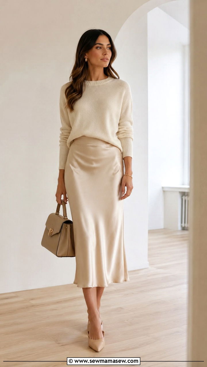 Satin midi skirt with lightweight cashmere sweater - 30 Spring capsule wardrobe for work