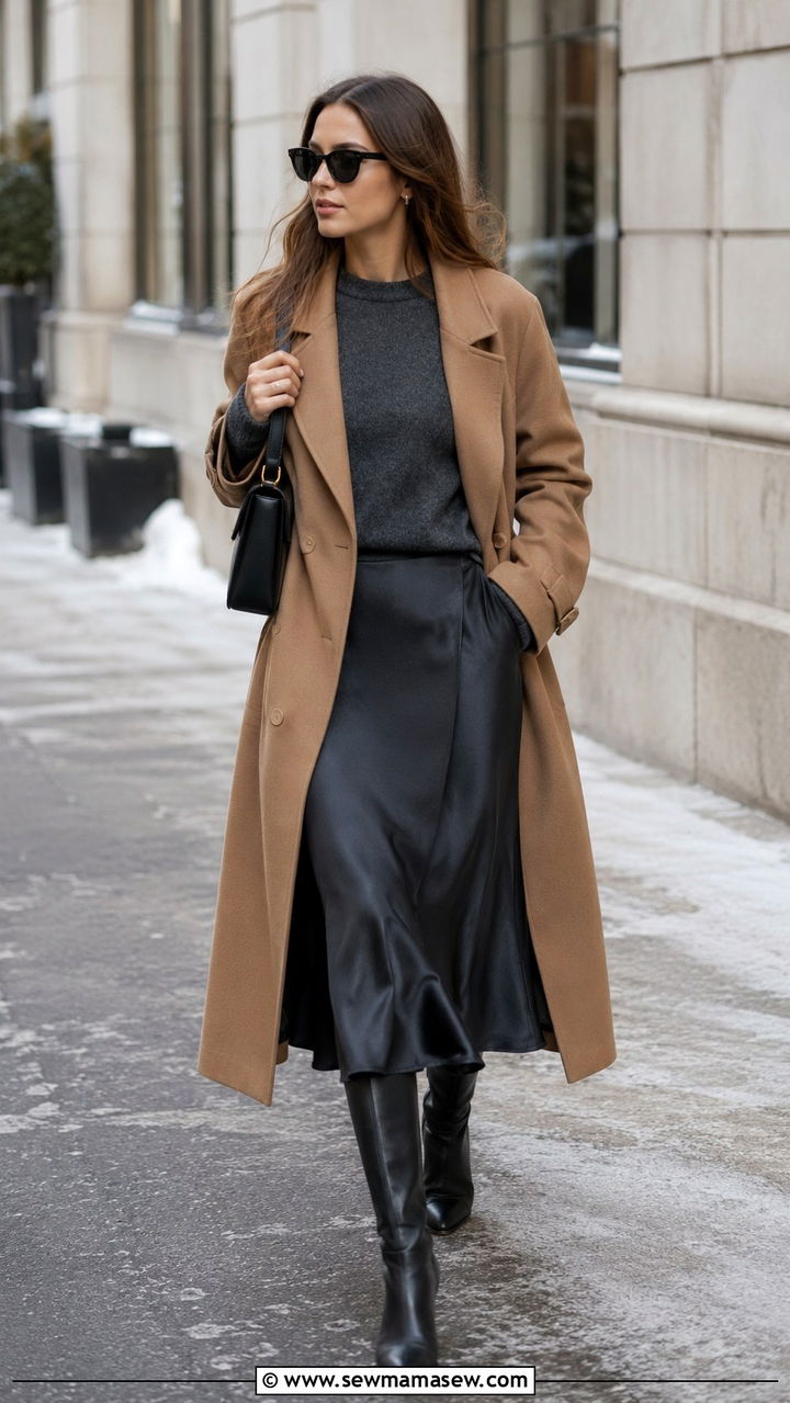 Satin midi skirt with long trench coat - 30 Satin midi skirt outfit ideas for dinner