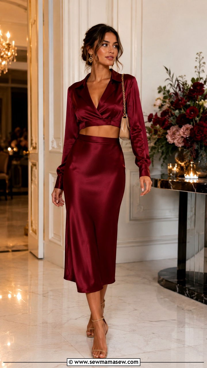 Satin midi skirt with matching satin top set - 30 Satin midi skirt outfit ideas for dinner