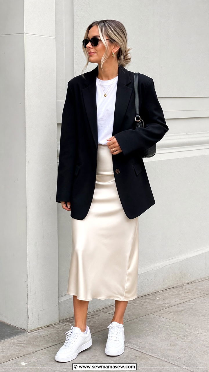 Satin midi skirt with oversized blazer and sneakers - 25 chic midi skirt outfit ideas