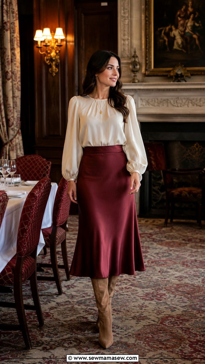 Satin midi skirt with puff sleeve blouse - 30 Satin midi skirt outfit ideas for dinner