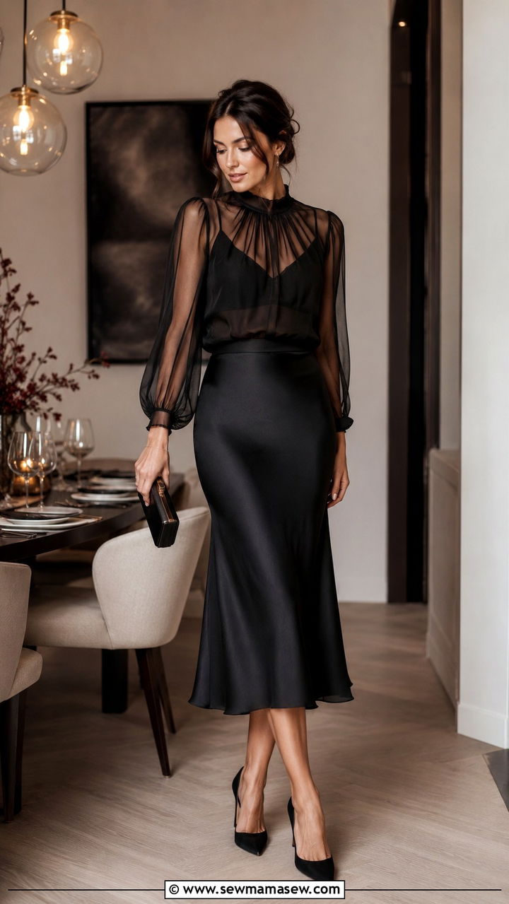 Satin midi skirt with sheer top - 30 Satin midi skirt outfit ideas for dinner