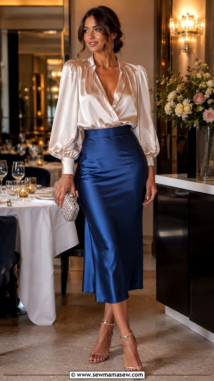 Satin midi skirt with silk blouse and strappy heels - 30 Satin midi skirt outfit ideas for dinner
