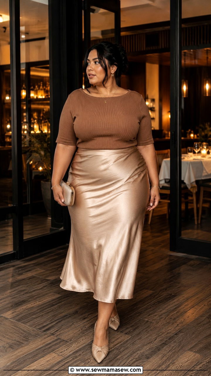 Satin midi skirt with structured knit top - 30 Plus size outfit ideas spring 2026