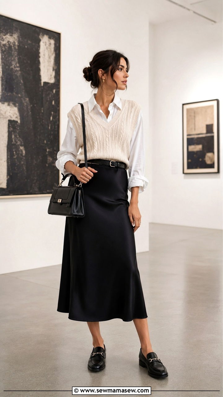 Satin midi skirt with sweater vest - 30 Satin midi skirt outfit ideas for dinner