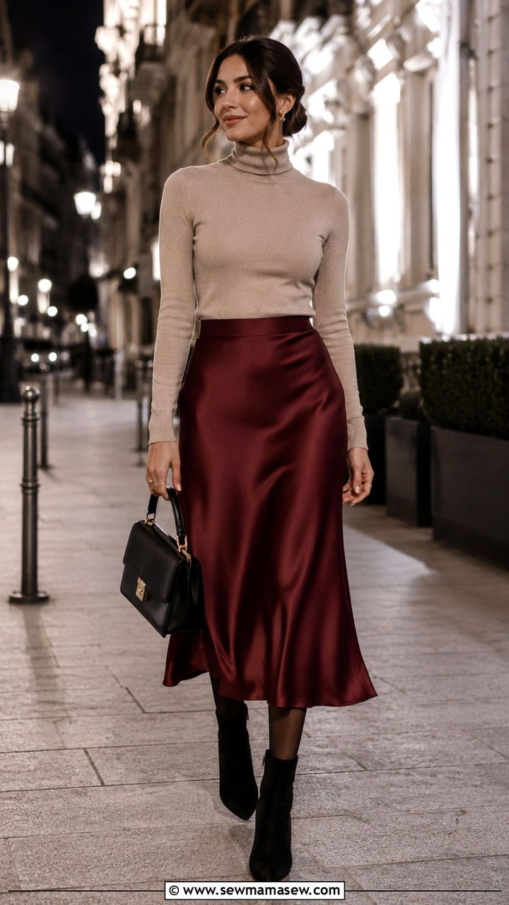 Satin midi skirt with turtleneck and ankle boots - 30 Satin midi skirt outfit ideas for dinner