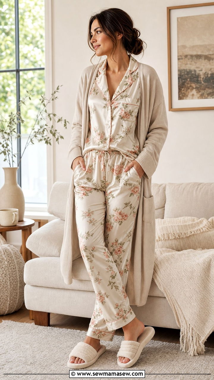 Satin pajama set with a longline duster cardigan - 25 Spring at home outfit ideas