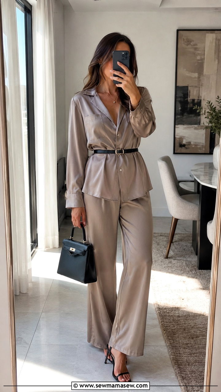 Satin pajama set with belt cinched waist - 25 Satin pajama set outfit ideas