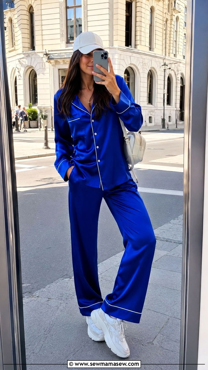 Satin pajama set with chunky sneakers for street style - 25 Satin pajama set outfit ideas