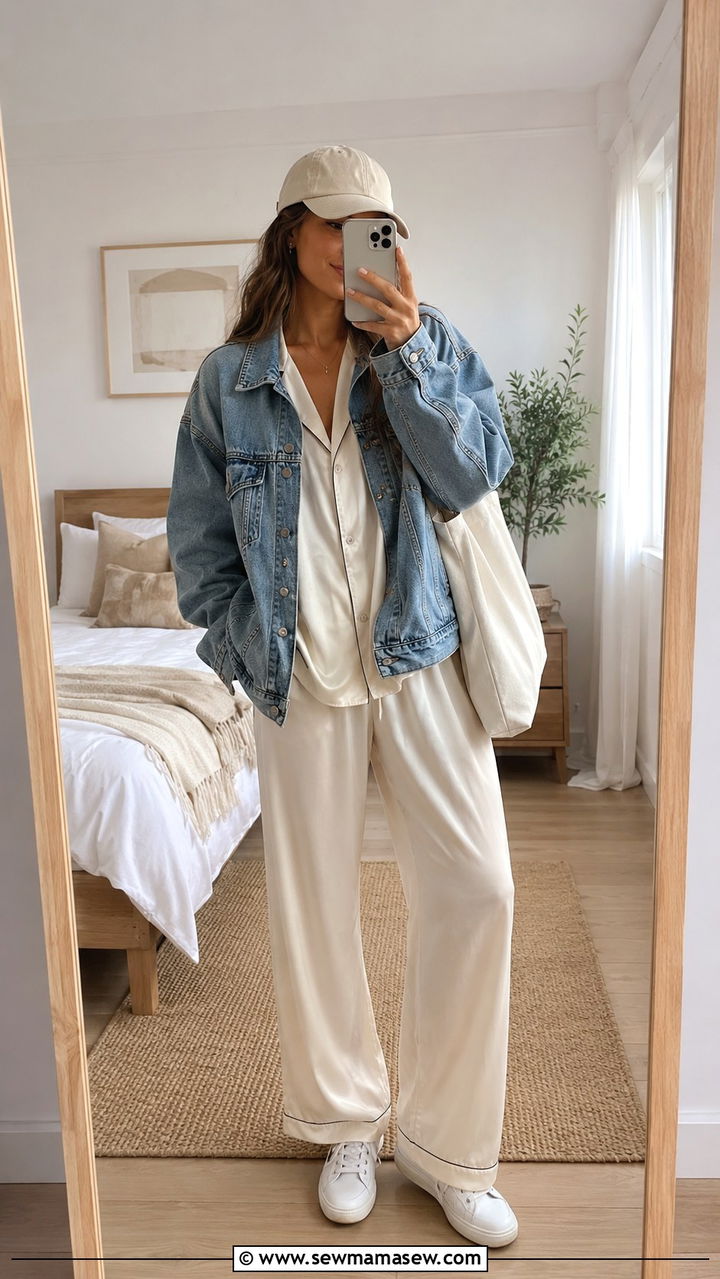 Satin pajama set with denim jacket and sneakers - 25 Satin pajama set outfit ideas