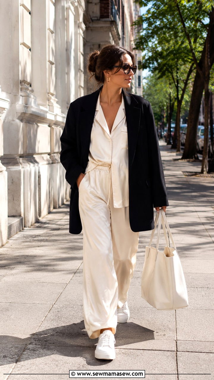 Satin pajama set with oversized blazer and sneakers - 25 Satin pajama set outfit ideas