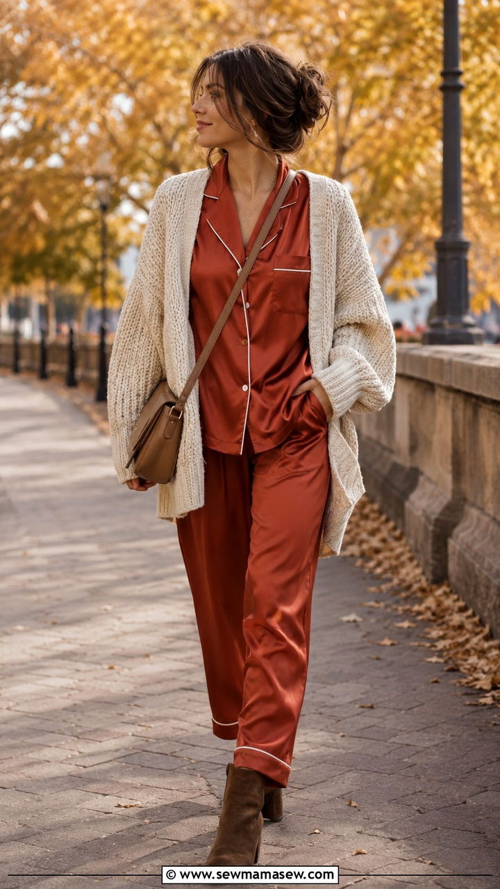 Satin pajama set with oversized cardigan and boots - 25 Satin pajama set outfit ideas