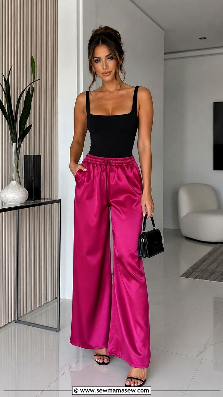 Satin pajama wide leg pants outfit with bodysuit - 25 Satin pajama set outfit ideas