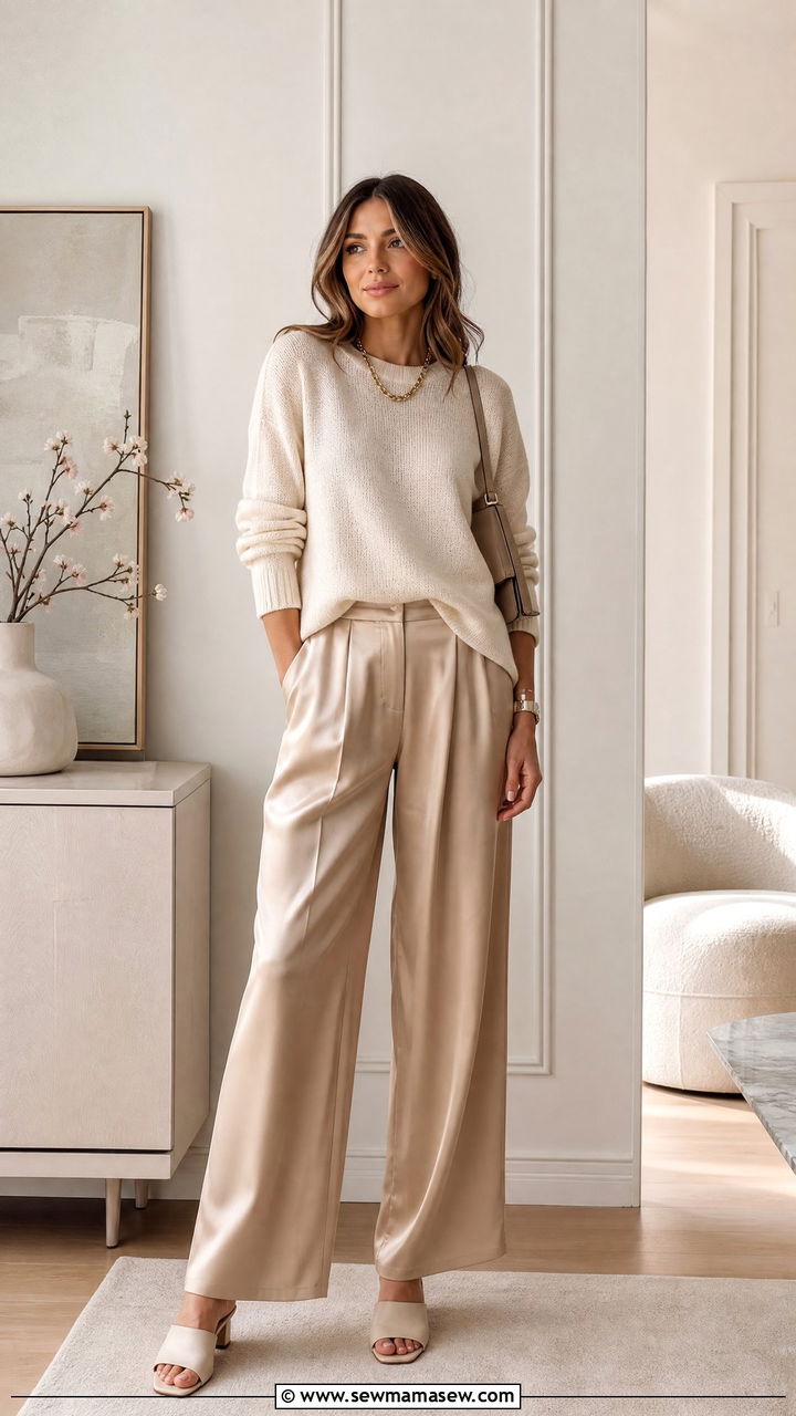 Satin pants with fine knit sweater outfit - 25 Quiet luxury outfit ideas spring 2026