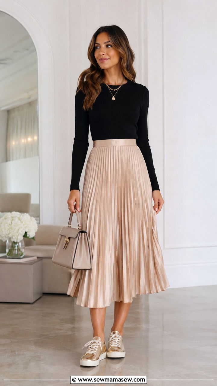 Satin pleated midi skirt with fitted top and sneakers - 30 Pleated skirt outfit ideas with sneakers