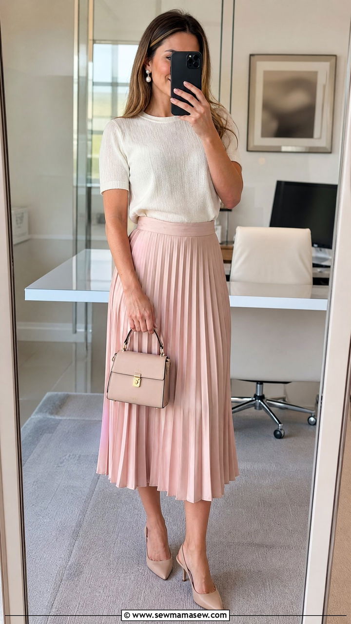 Satin pleated midi skirt with knit top office - 30 Stylish office outfit ideas
