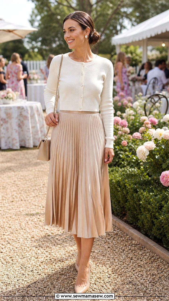 Satin pleated skirt with cropped cardigan and slingbacks - 40 pleated skirt outfit ideas