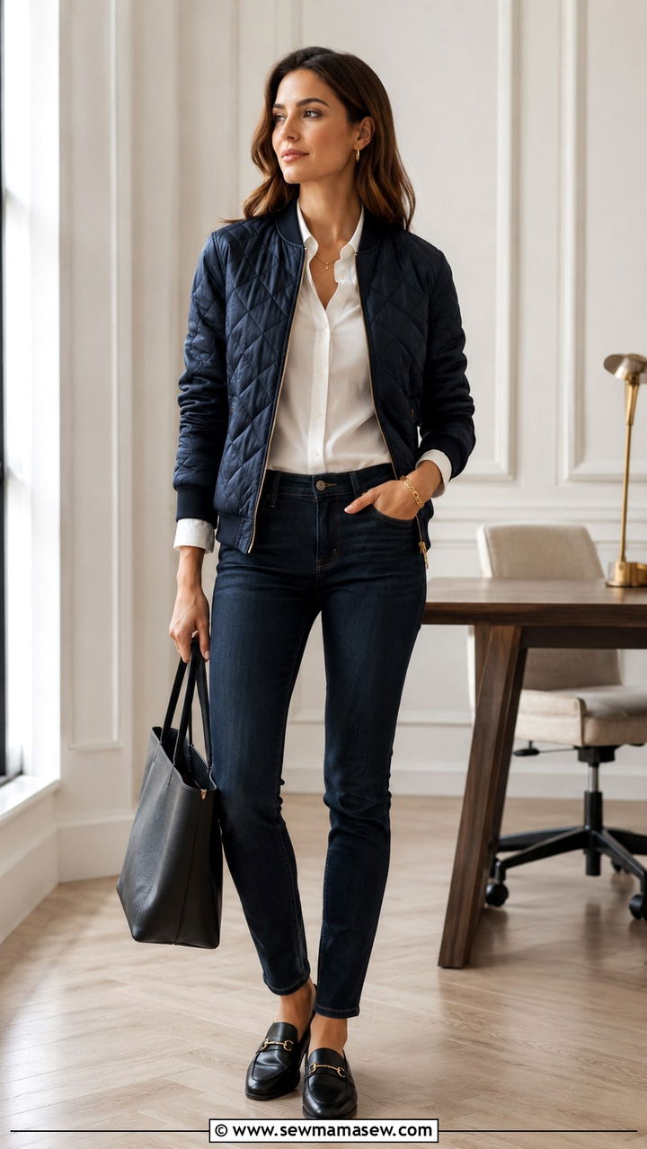 Satin quilted bomber jacket with slim dark jeans - 30 Bomber jacket outfit ideas with jeans
