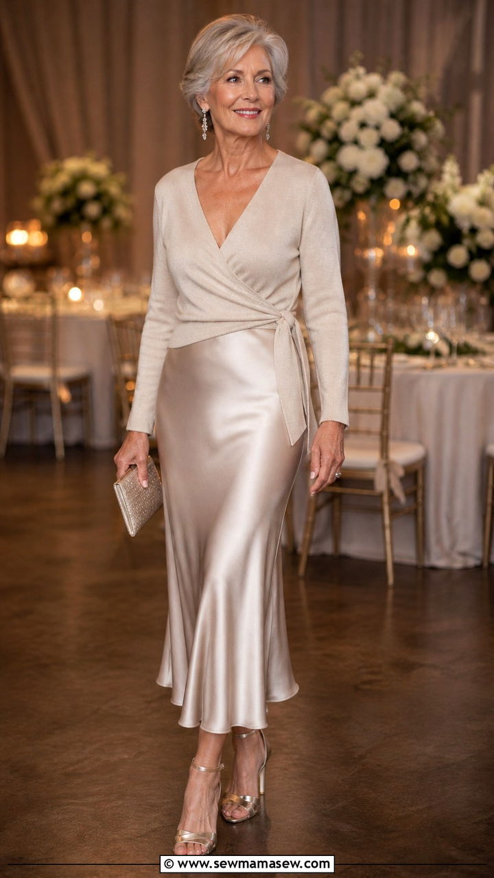 Satin skirt and wrap top outfit for women over 60 - 40 How to dress in your 60s